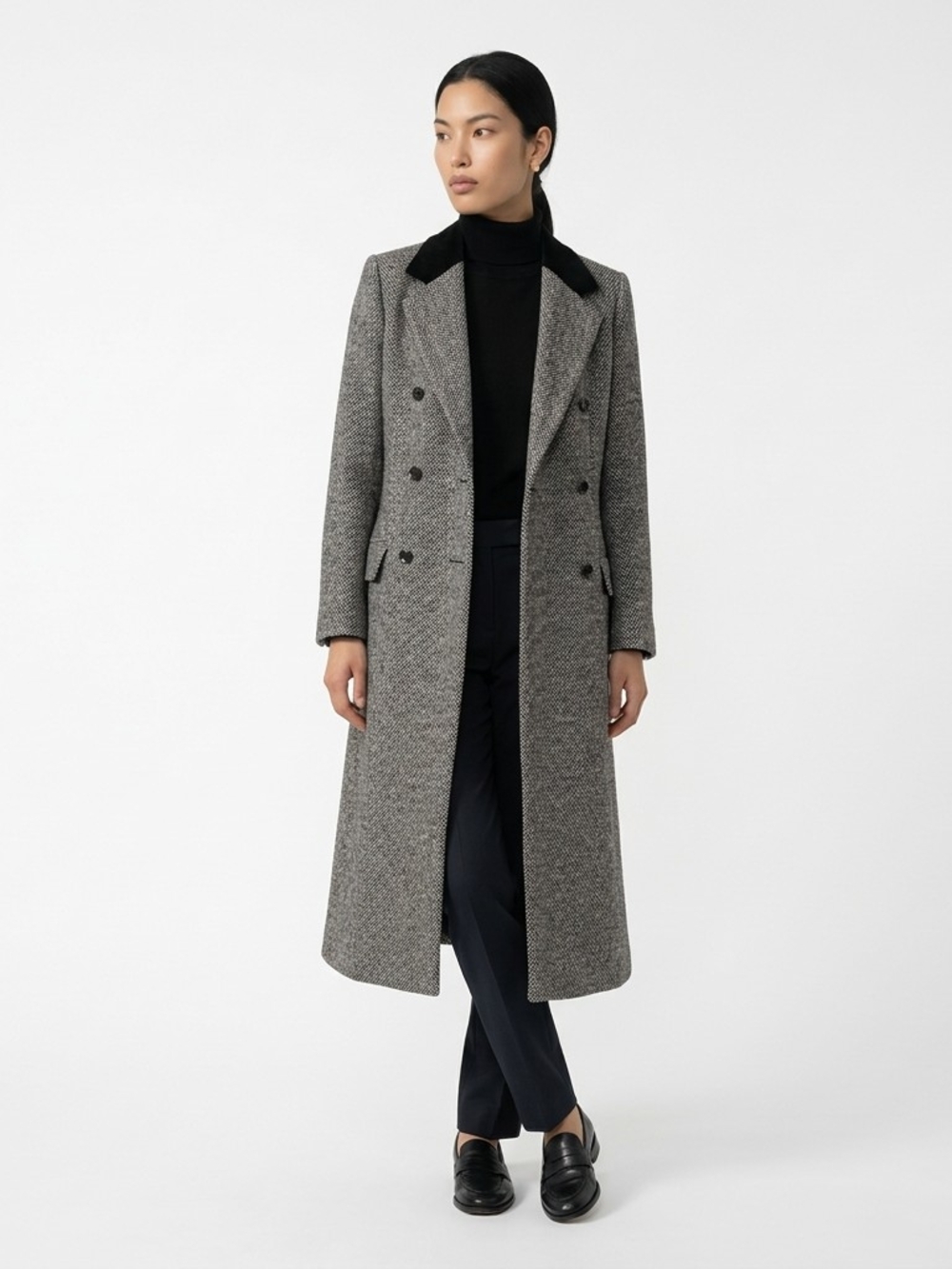 Long Double-Breasted 100% Wool Coat